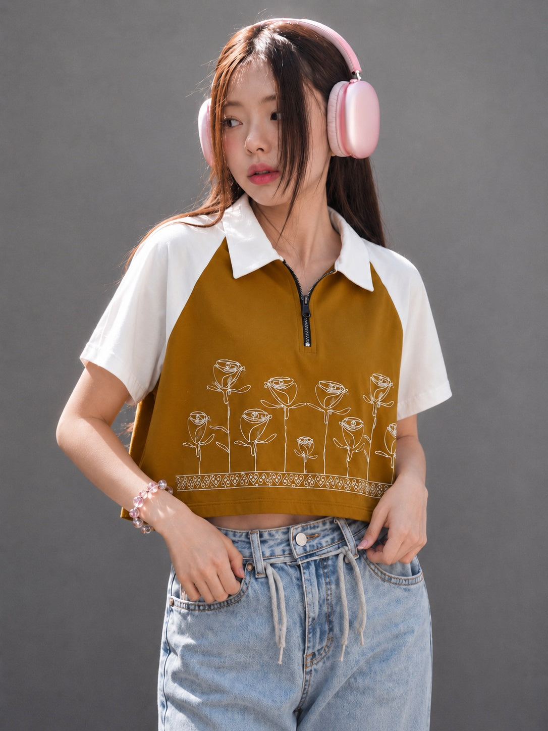 Floral Aesthetic Zip Collar T-shirt