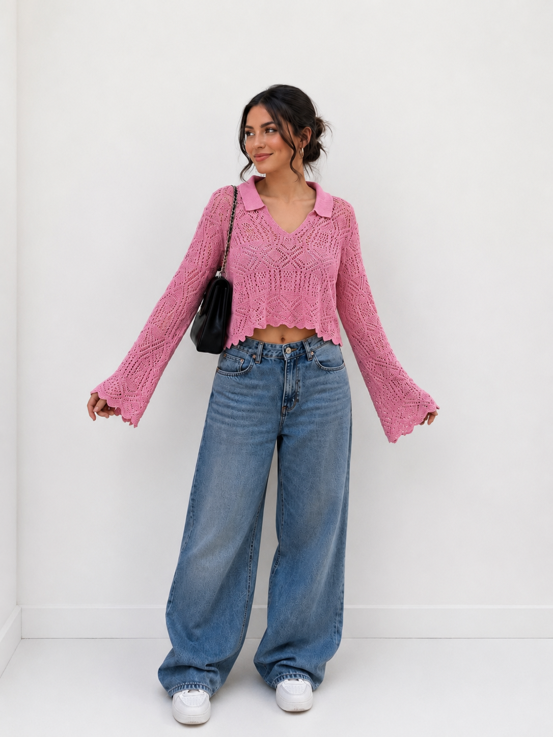 Women’s Crochet Knit Collared Crop Top