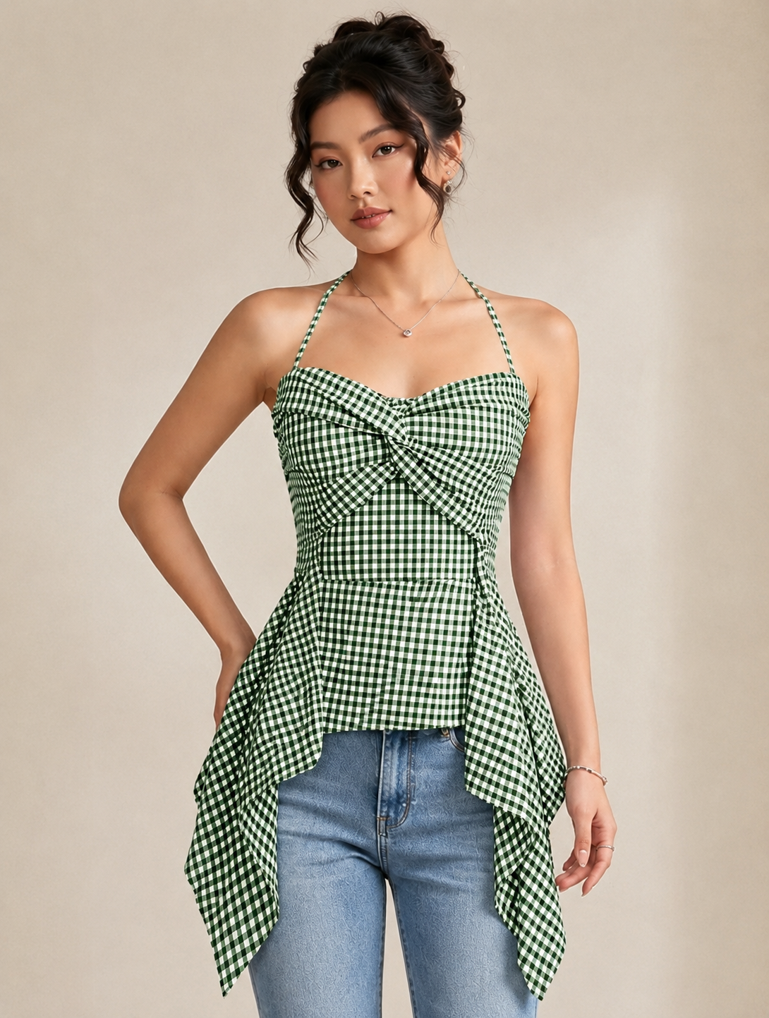 Gingham Peplum Strap Top