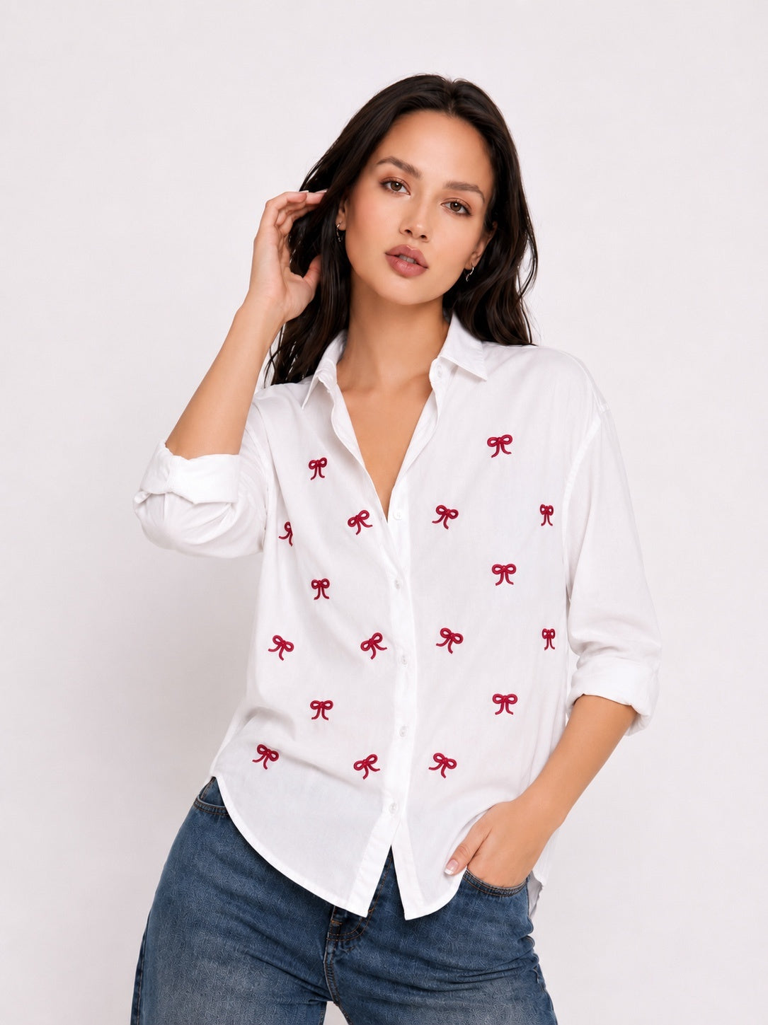 Women’s Bow Embroidered Oversized Shirt