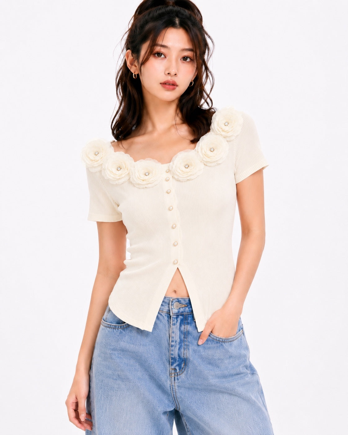 3D Floral Ribbed Knit Top