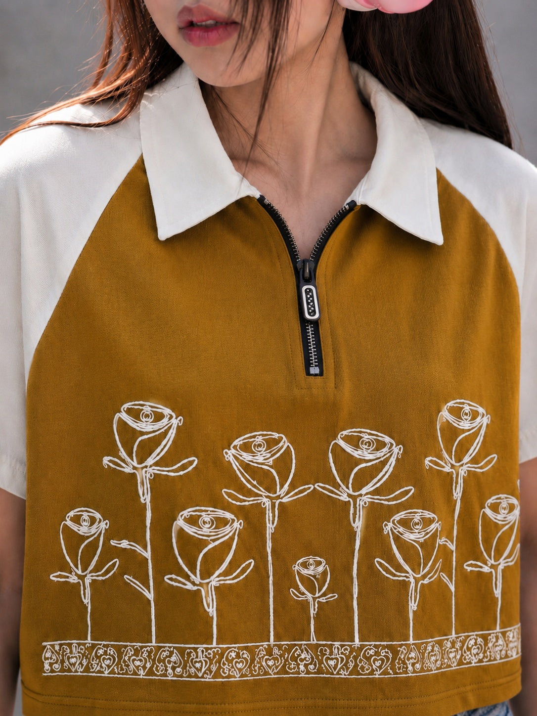 Floral Aesthetic Zip Collar T-shirt