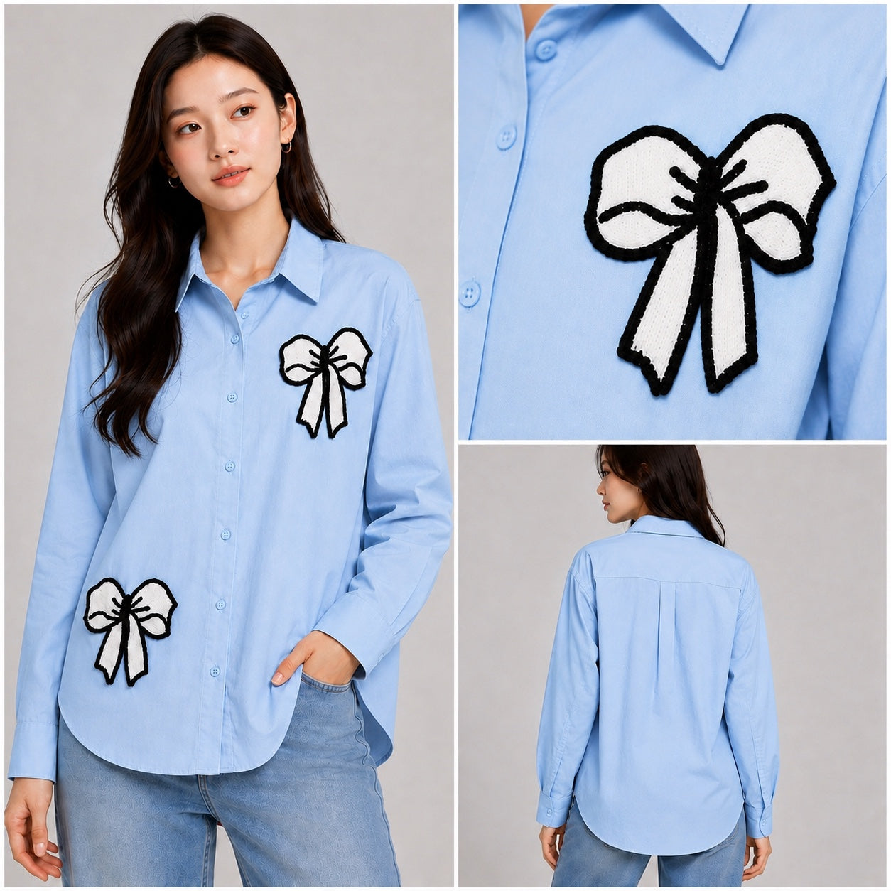Women’s Oversized Embroidered Bow Patch Cotton Shirt – Free Size