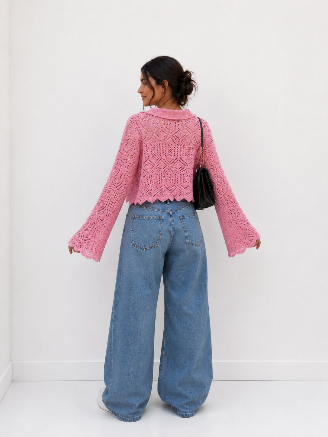 Women’s Crochet Knit Collared Crop Top