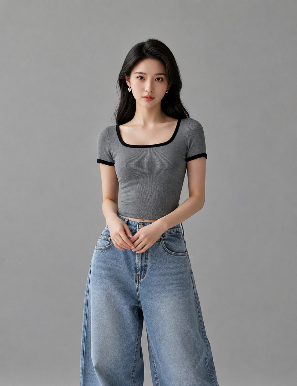 Women’s Ribbed Square Neck Contrast Trim Fitted Crop Top – Grey