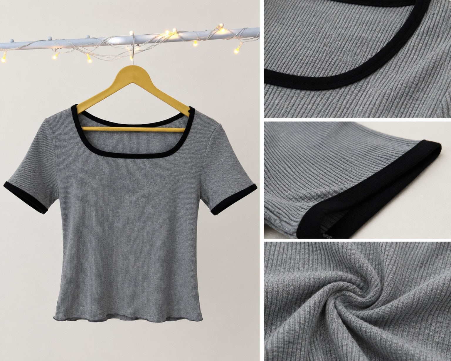 Women’s Ribbed Square Neck Contrast Trim Fitted Crop Top – Grey