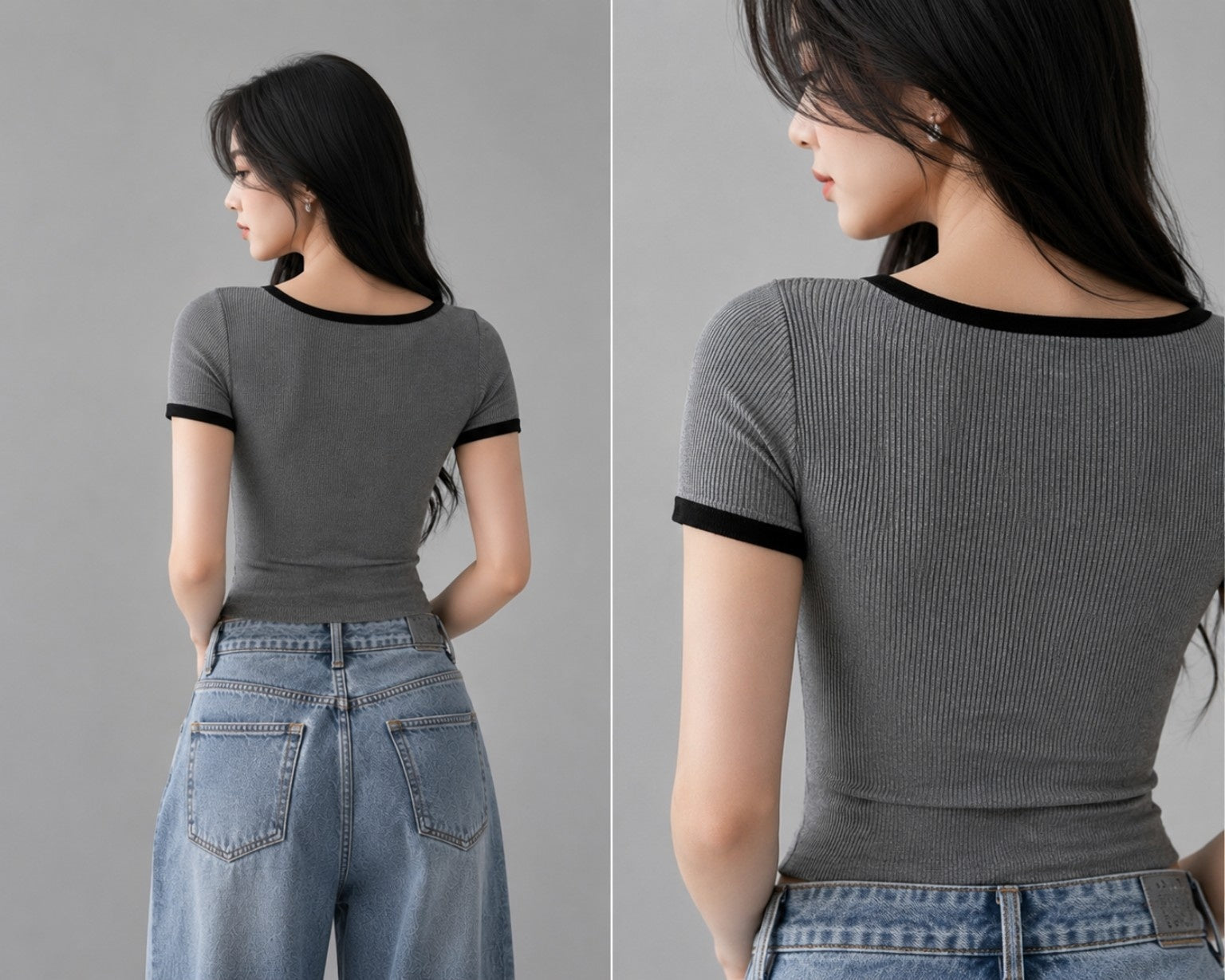 Women’s Ribbed Square Neck Contrast Trim Fitted Crop Top – Grey