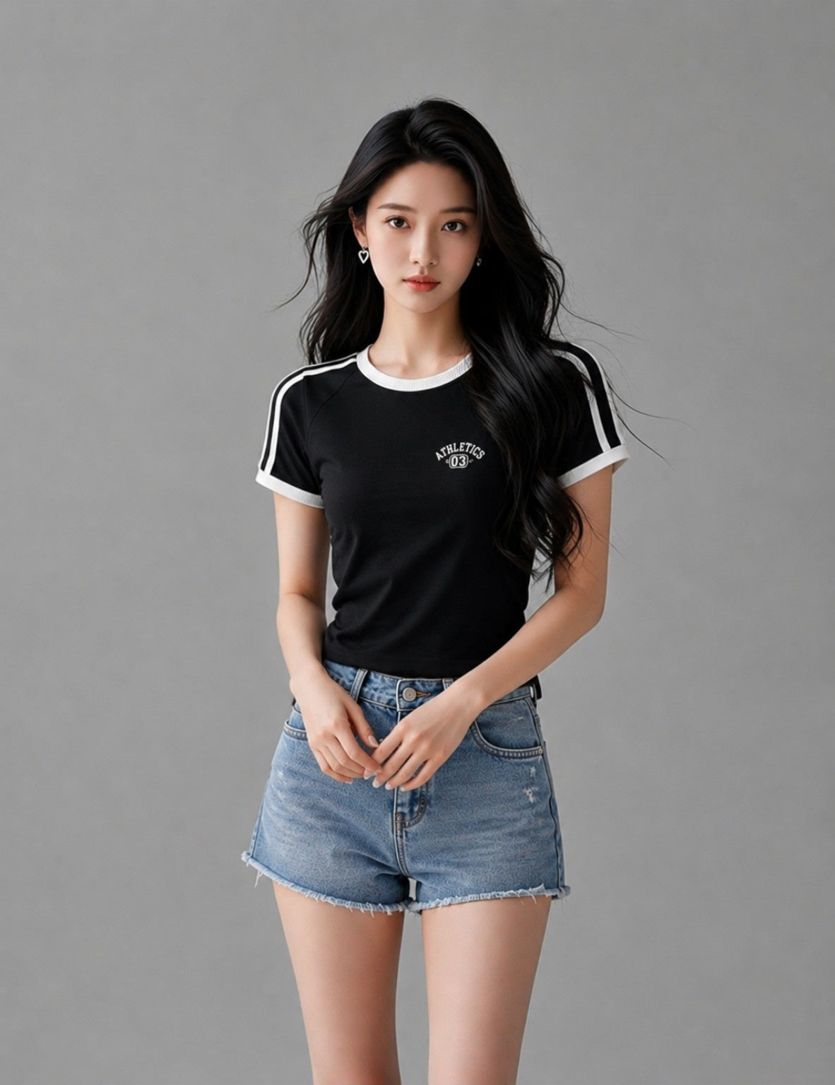 Athletics 03 Contrast Trim Fitted Baby Tee (Black)