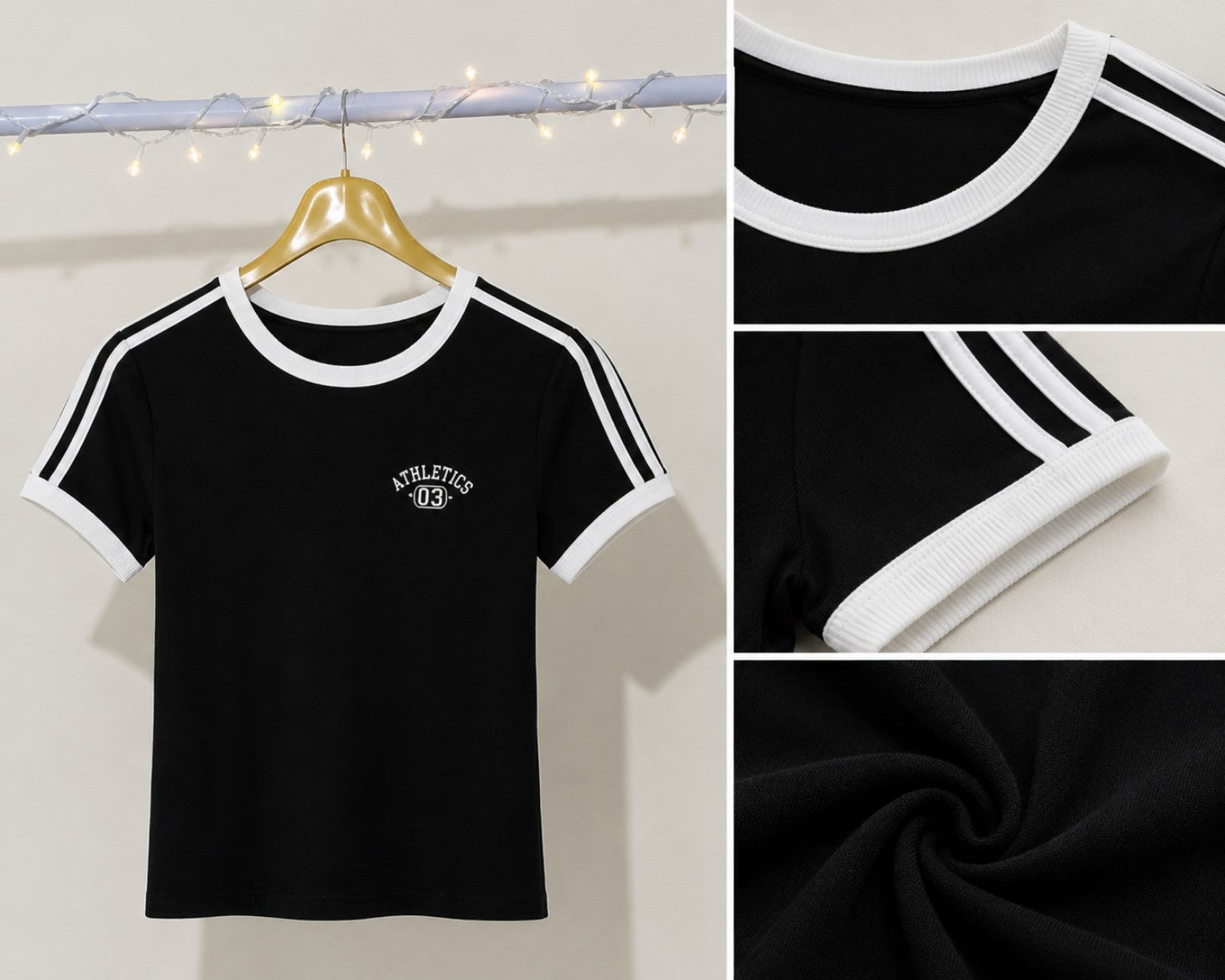 Athletics 03 Contrast Trim Fitted Baby Tee (Black)