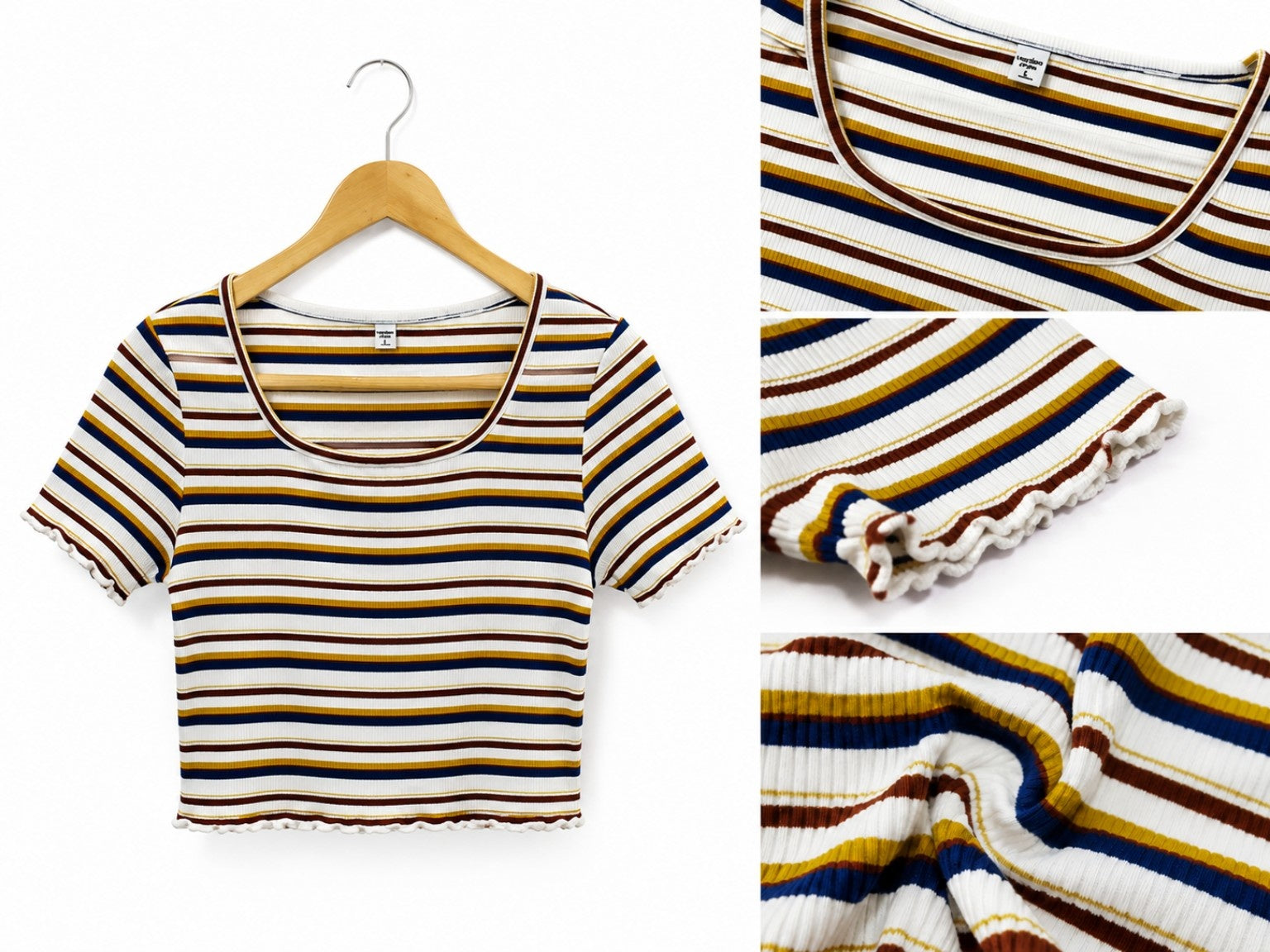 Women’s Ribbed Striped Crop Top – Scoop Neck Lettuce Hem Tee