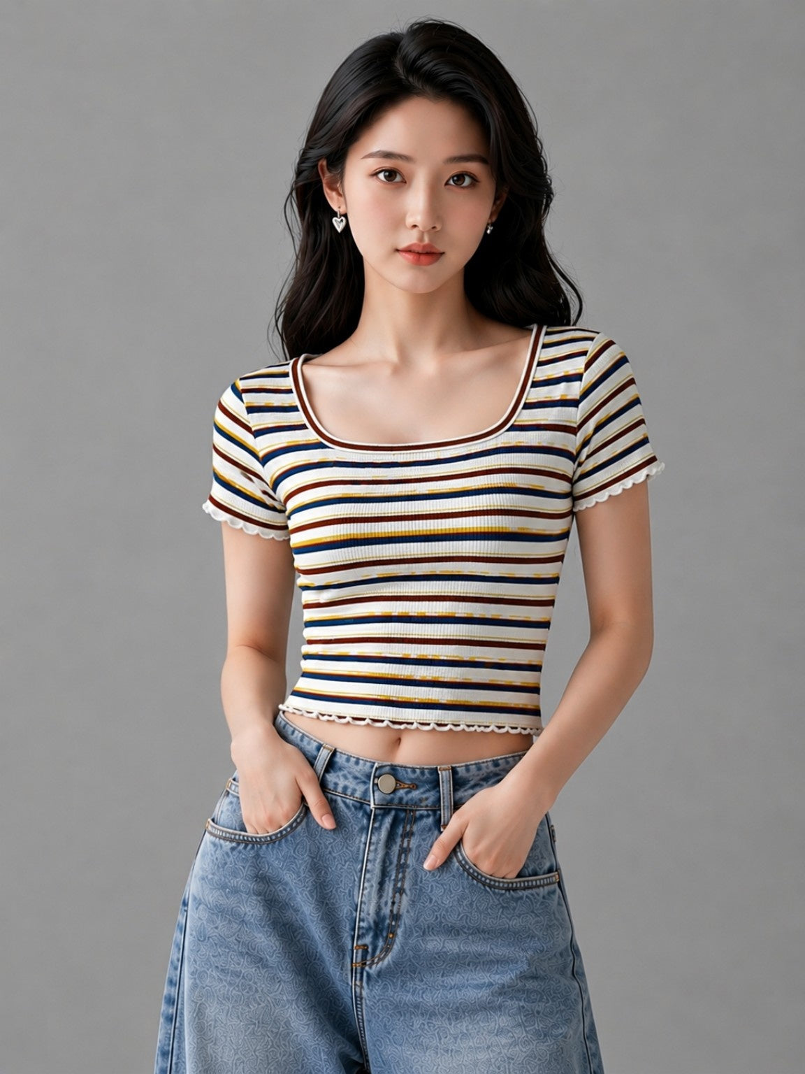 Women’s Ribbed Striped Crop Top – Scoop Neck Lettuce Hem Tee
