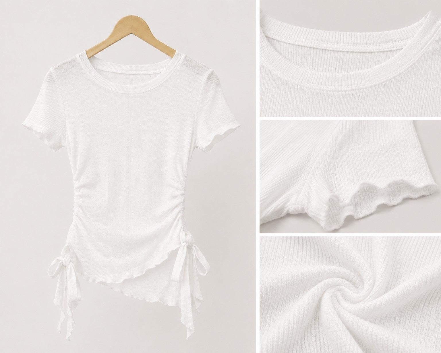 Women’s Ribbed Ruched Side Tie Asymmetrical Hem Top – White