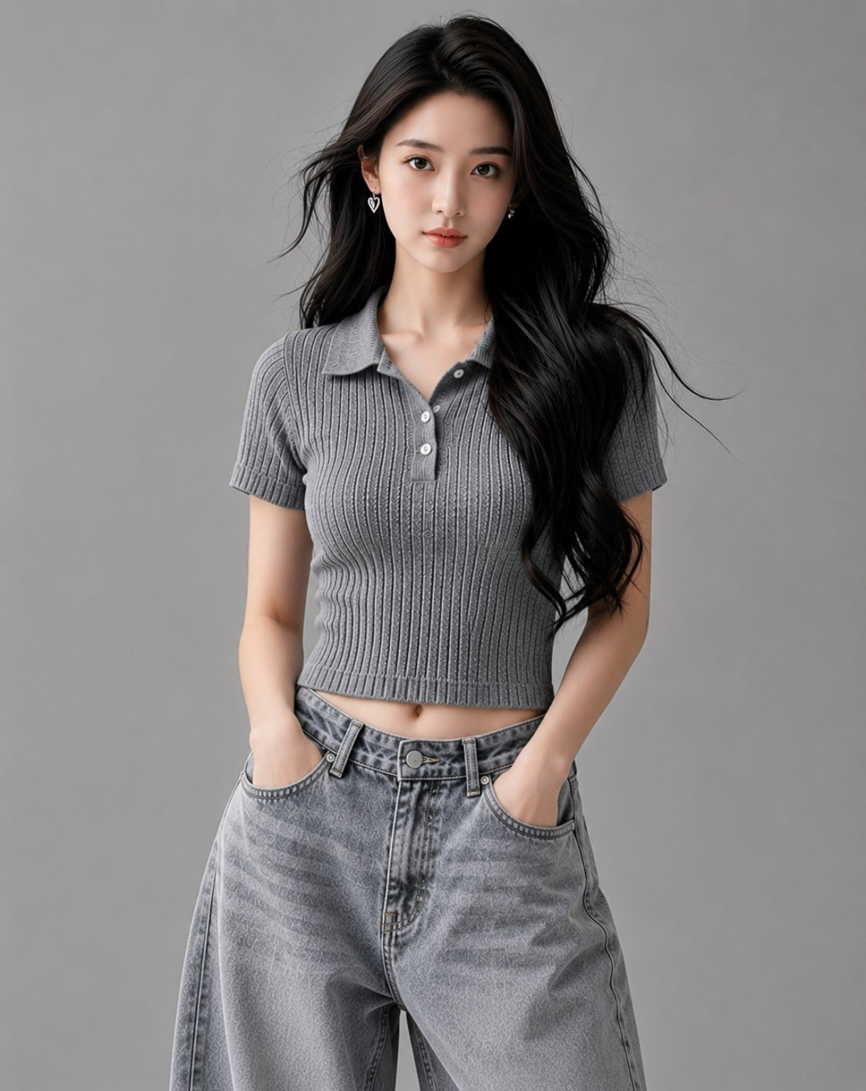 Women’s Ribbed Knit Polo Collar Crop Top – Grey