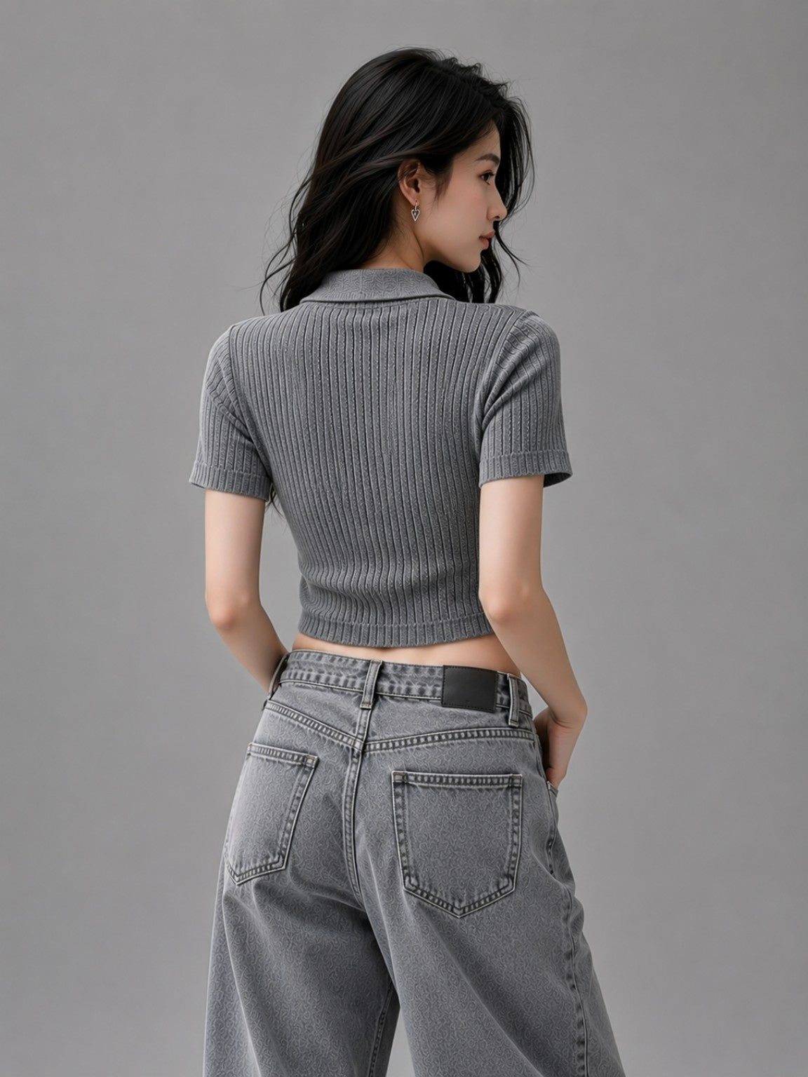 Women’s Ribbed Knit Polo Collar Crop Top – Grey