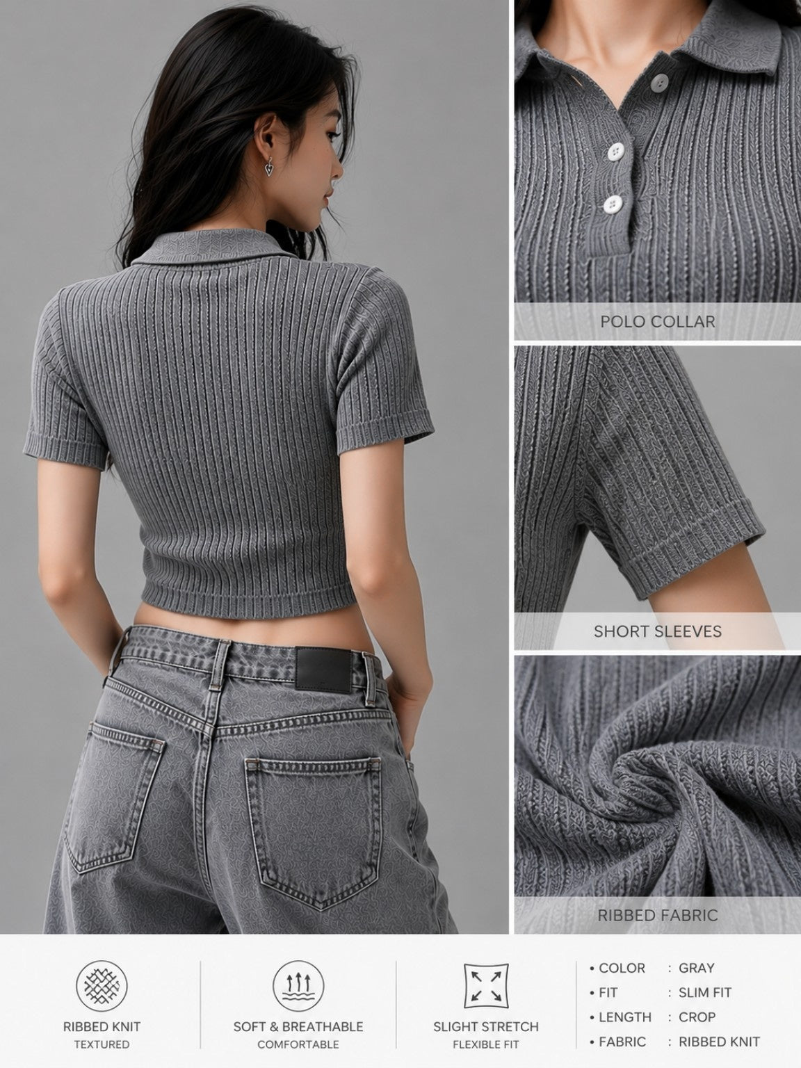 Women’s Ribbed Knit Polo Collar Crop Top – Grey