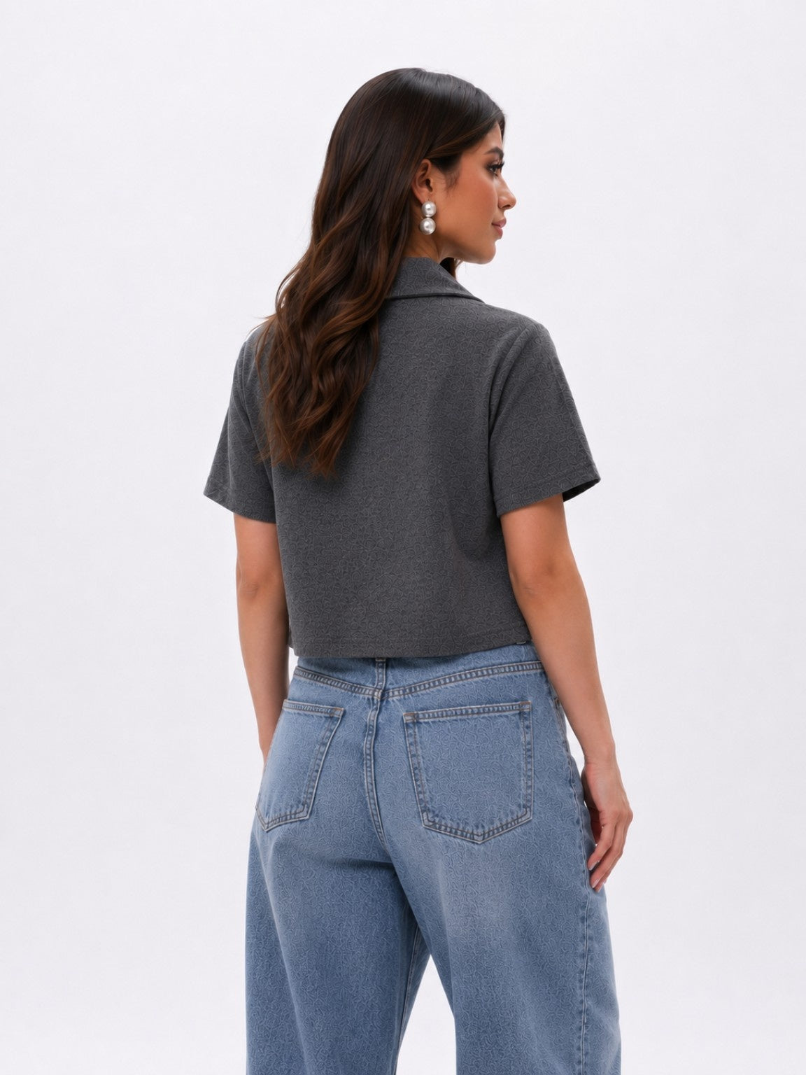 Women’s Ribbed Knit Button-Up Polo Crop Shirt – Charcoal Grey