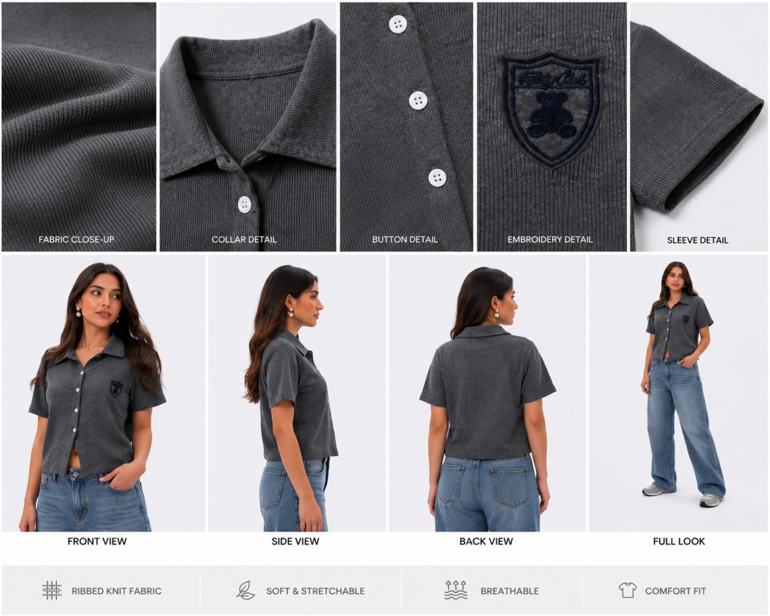 Women’s Ribbed Knit Button-Up Polo Crop Shirt – Charcoal Grey