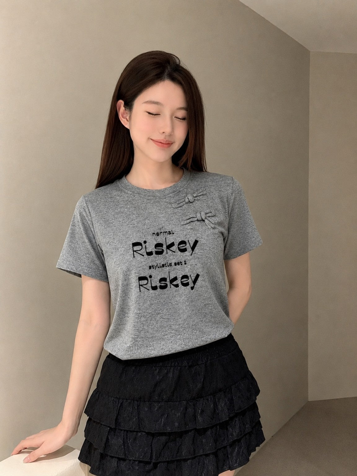 Women’s Korean Style Bow Detail Printed T-Shirt – Grey
