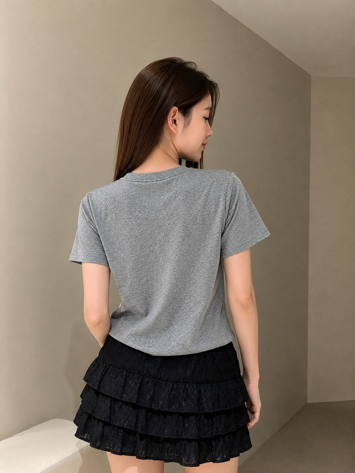 Women’s Korean Style Bow Detail Printed T-Shirt – Grey