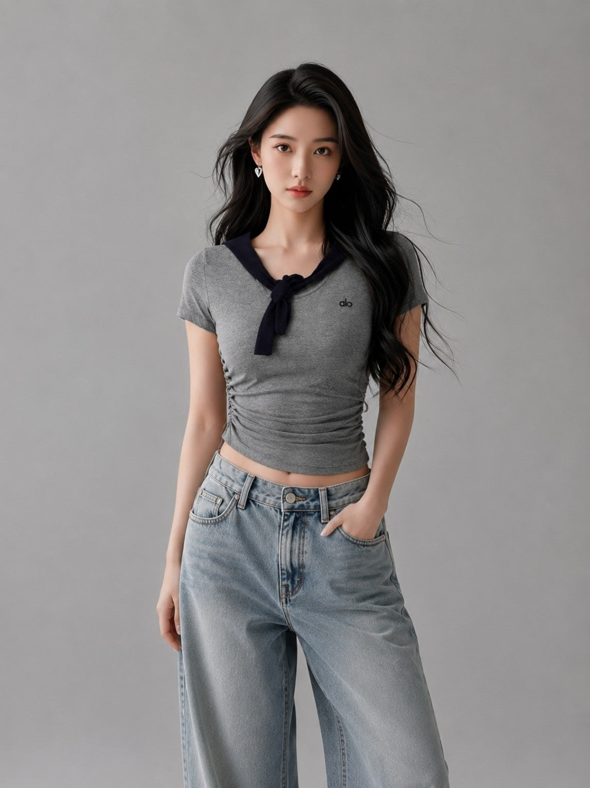 Korean Style Ruched Tie-Neck Crop Top – Grey