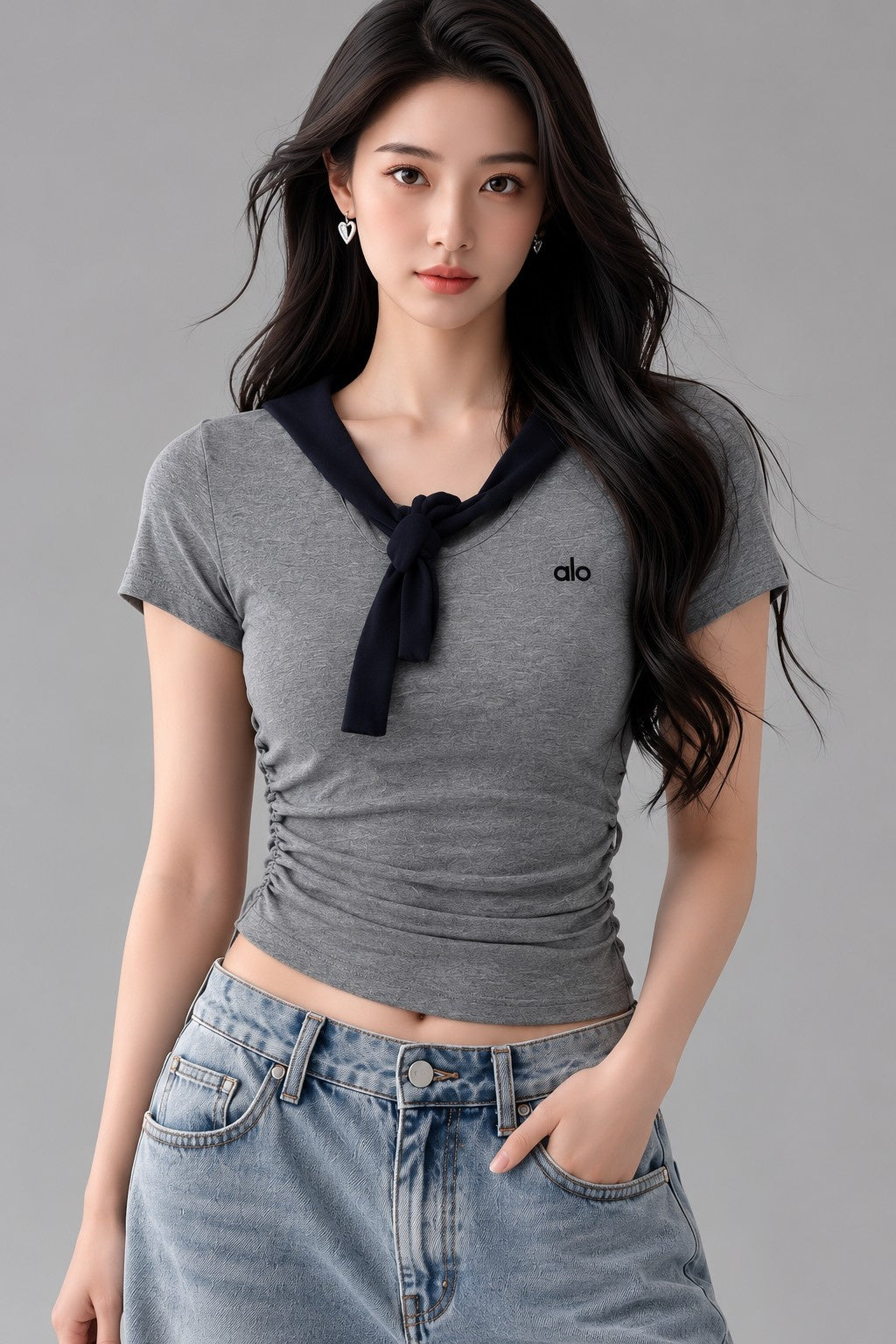 Korean Style Ruched Tie-Neck Crop Top – Grey