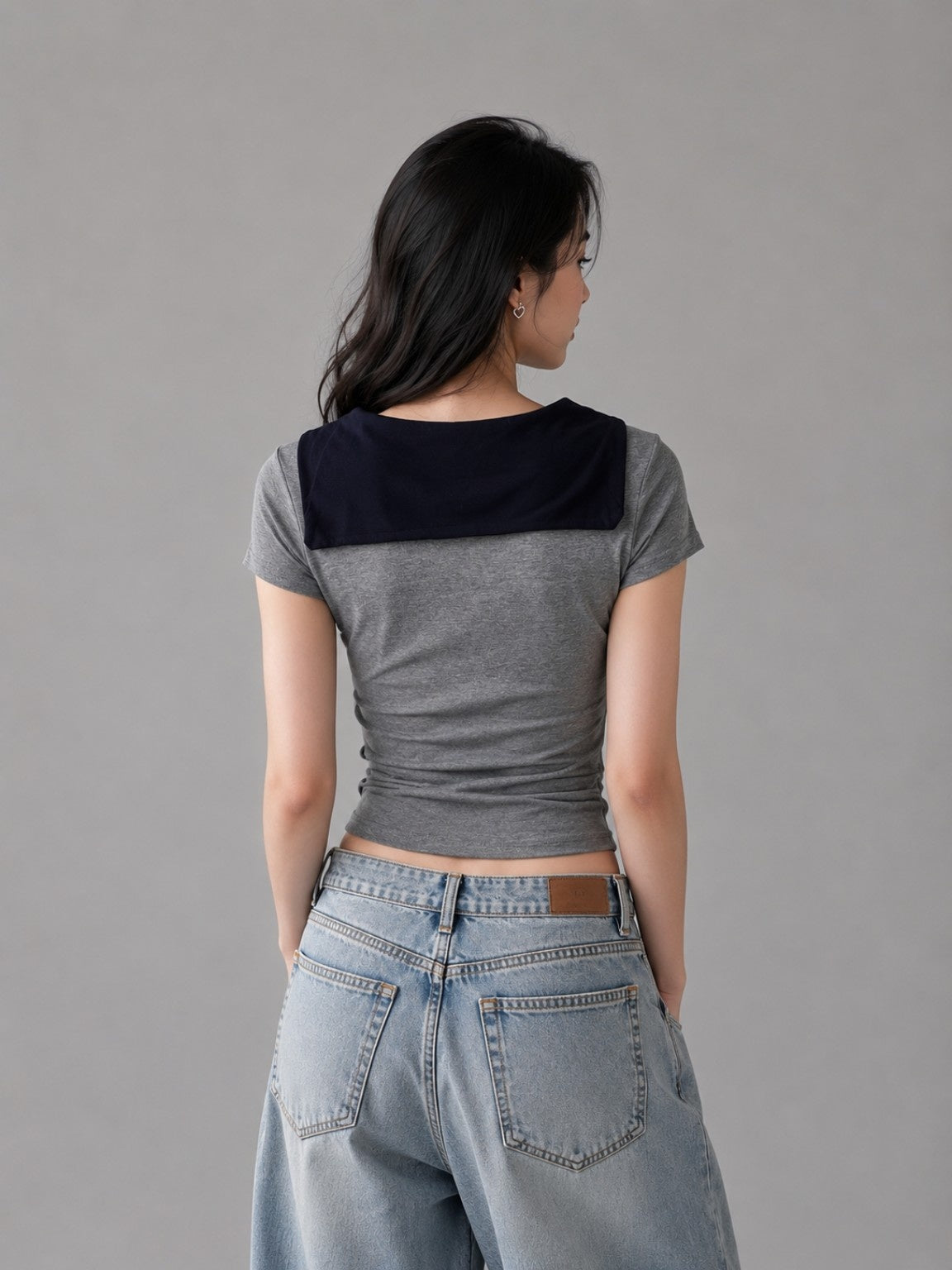 Korean Style Ruched Tie-Neck Crop Top – Grey