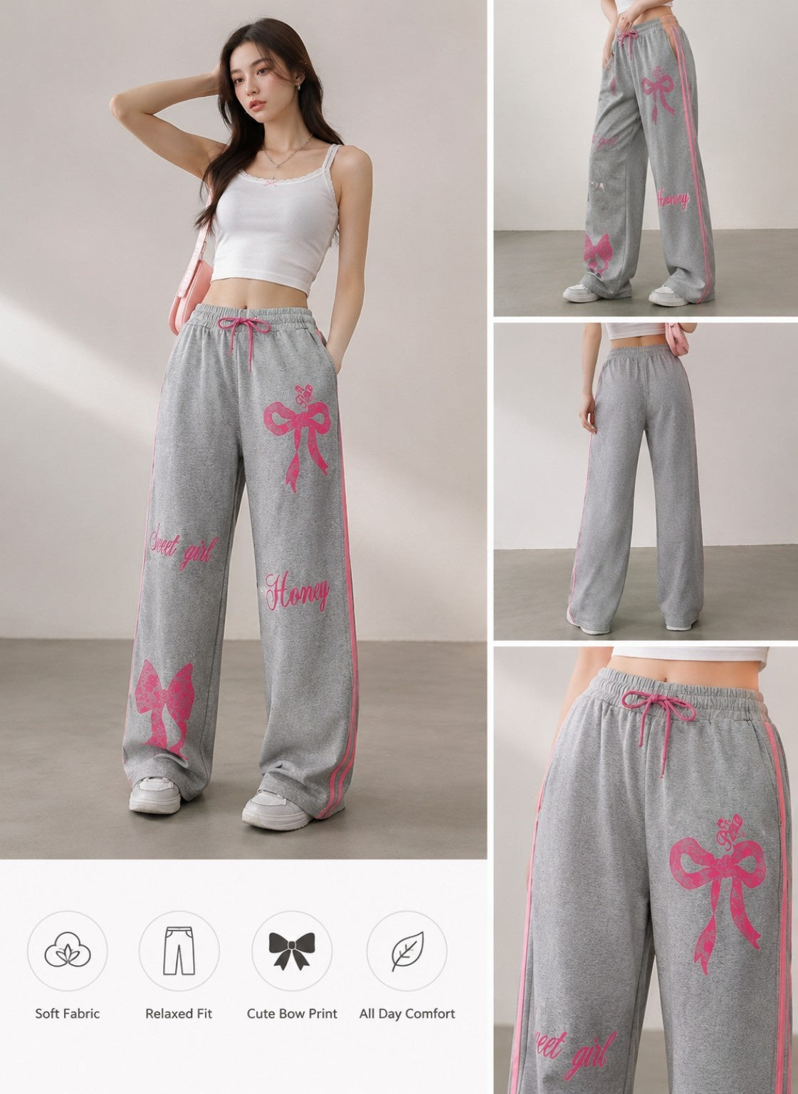 Women’s Wide Leg Bow Print Jogger Pants – Korean Streetwear Sweatpants (Free Size)