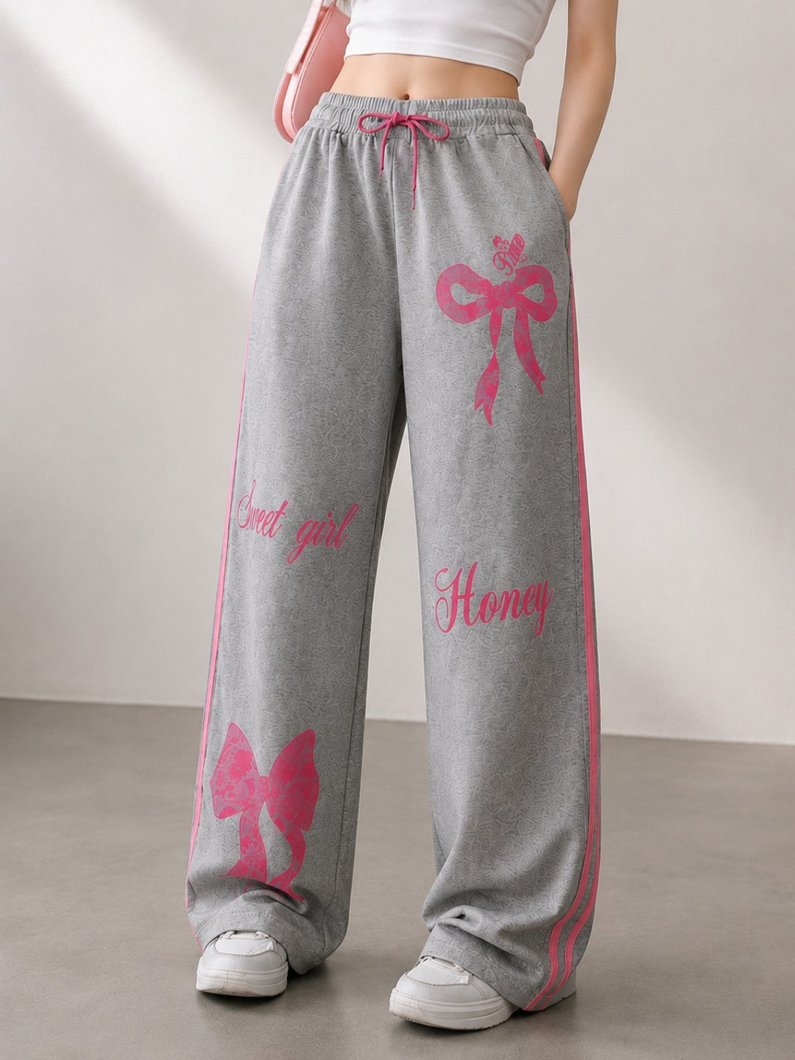 Women’s Wide Leg Bow Print Jogger Pants – Korean Streetwear Sweatpants (Free Size)