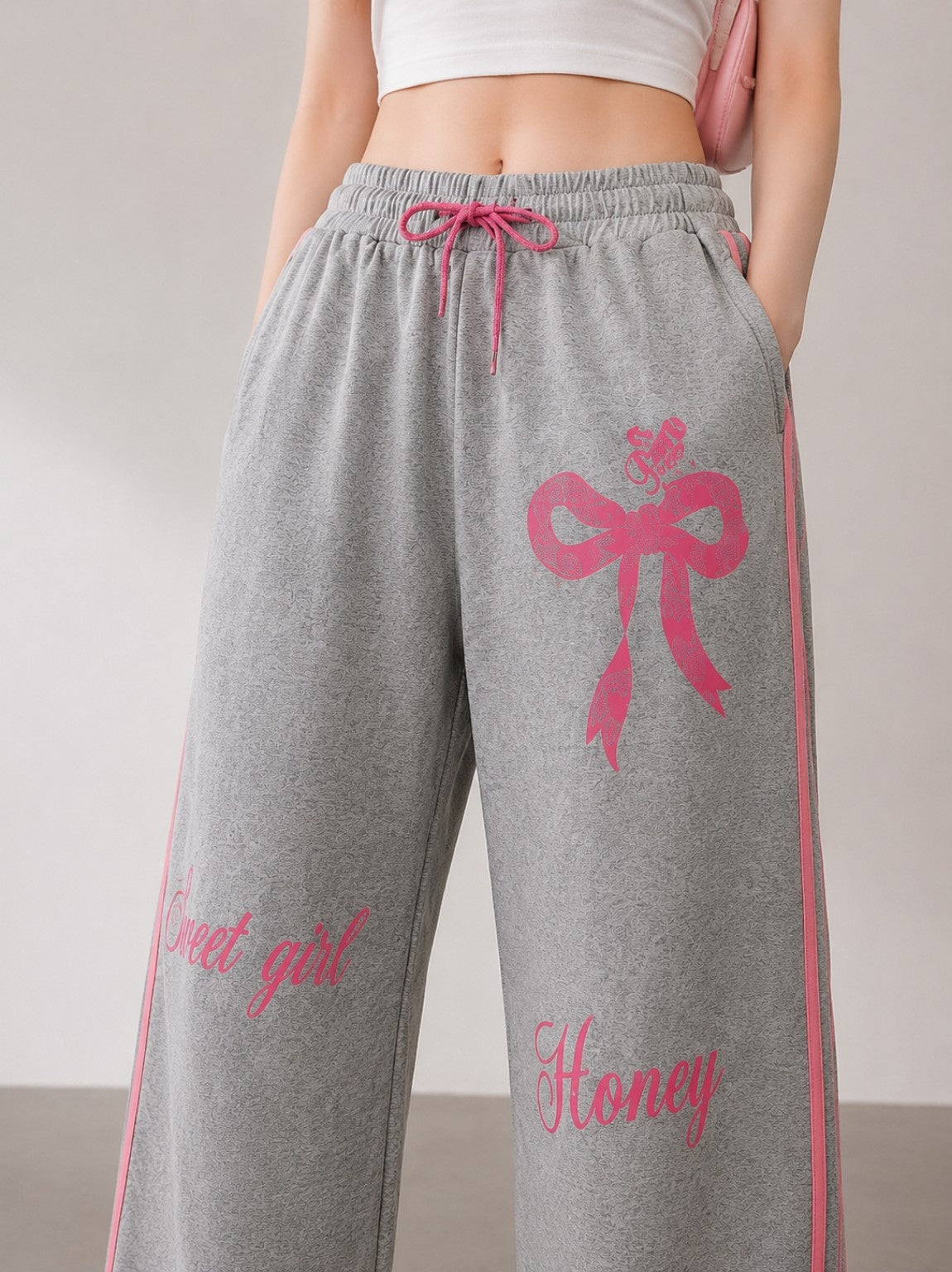 Women’s Wide Leg Bow Print Jogger Pants – Korean Streetwear Sweatpants (Free Size)