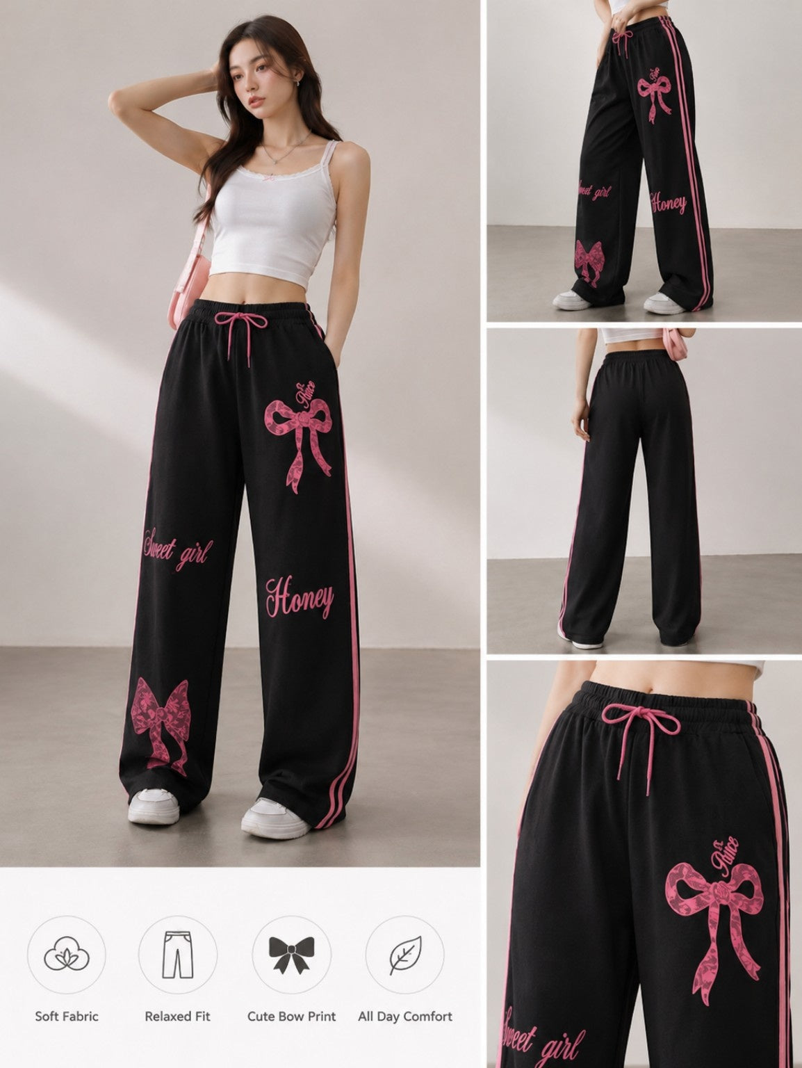 Women’s Wide Leg Bow Print Jogger Pants – Korean Streetwear Sweatpants (Free Size)