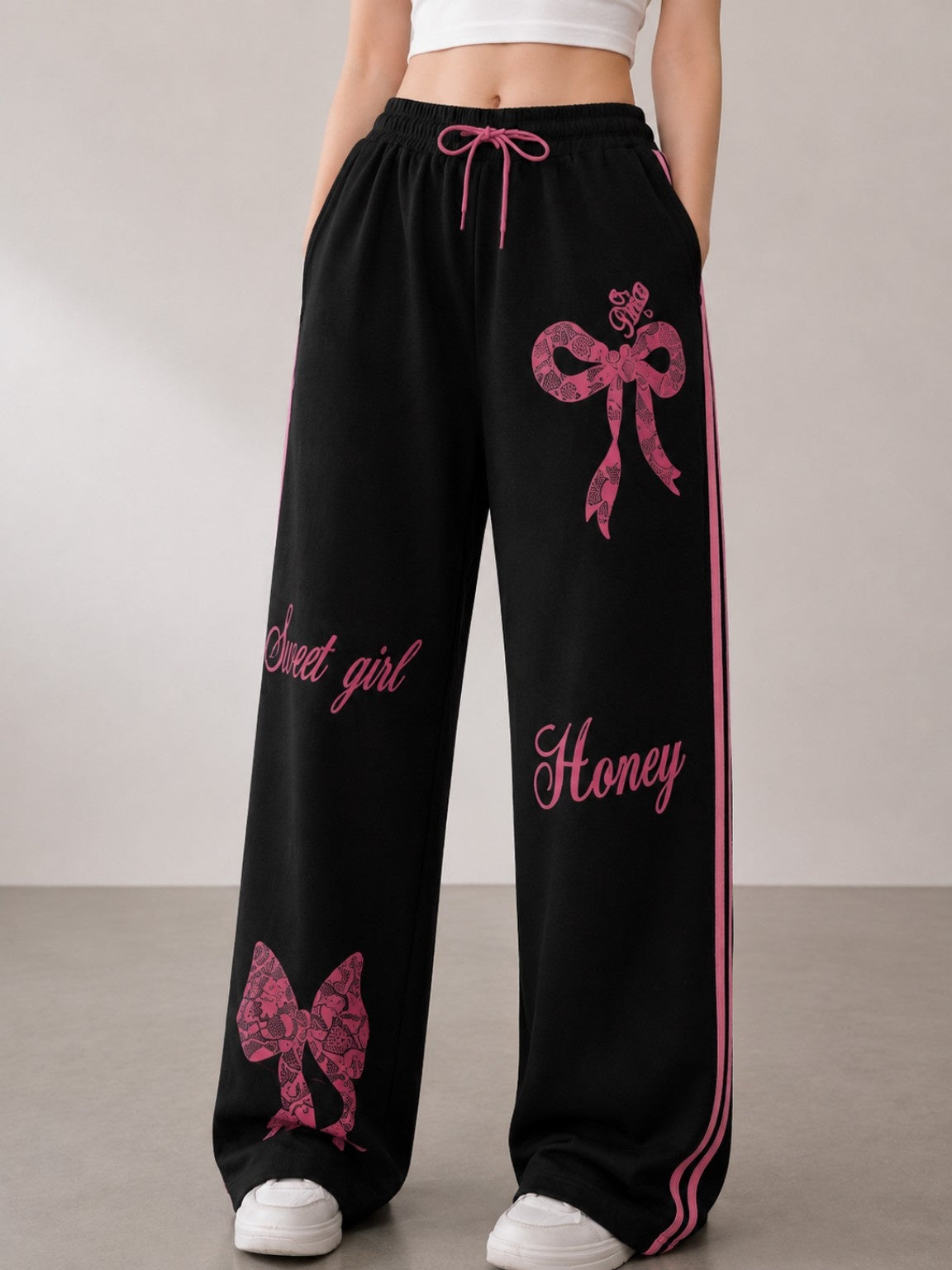 Women’s Wide Leg Bow Print Jogger Pants – Korean Streetwear Sweatpants (Free Size)