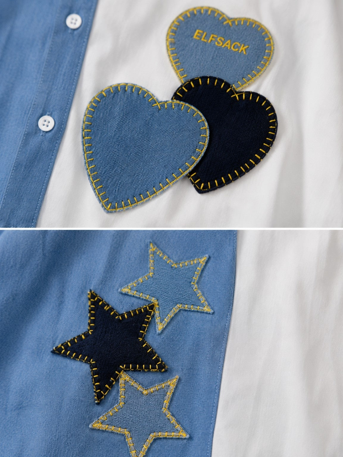 Women’s Premium Color Denim Block Oversized Shirt with Heart & Star Patchwork – Free Size