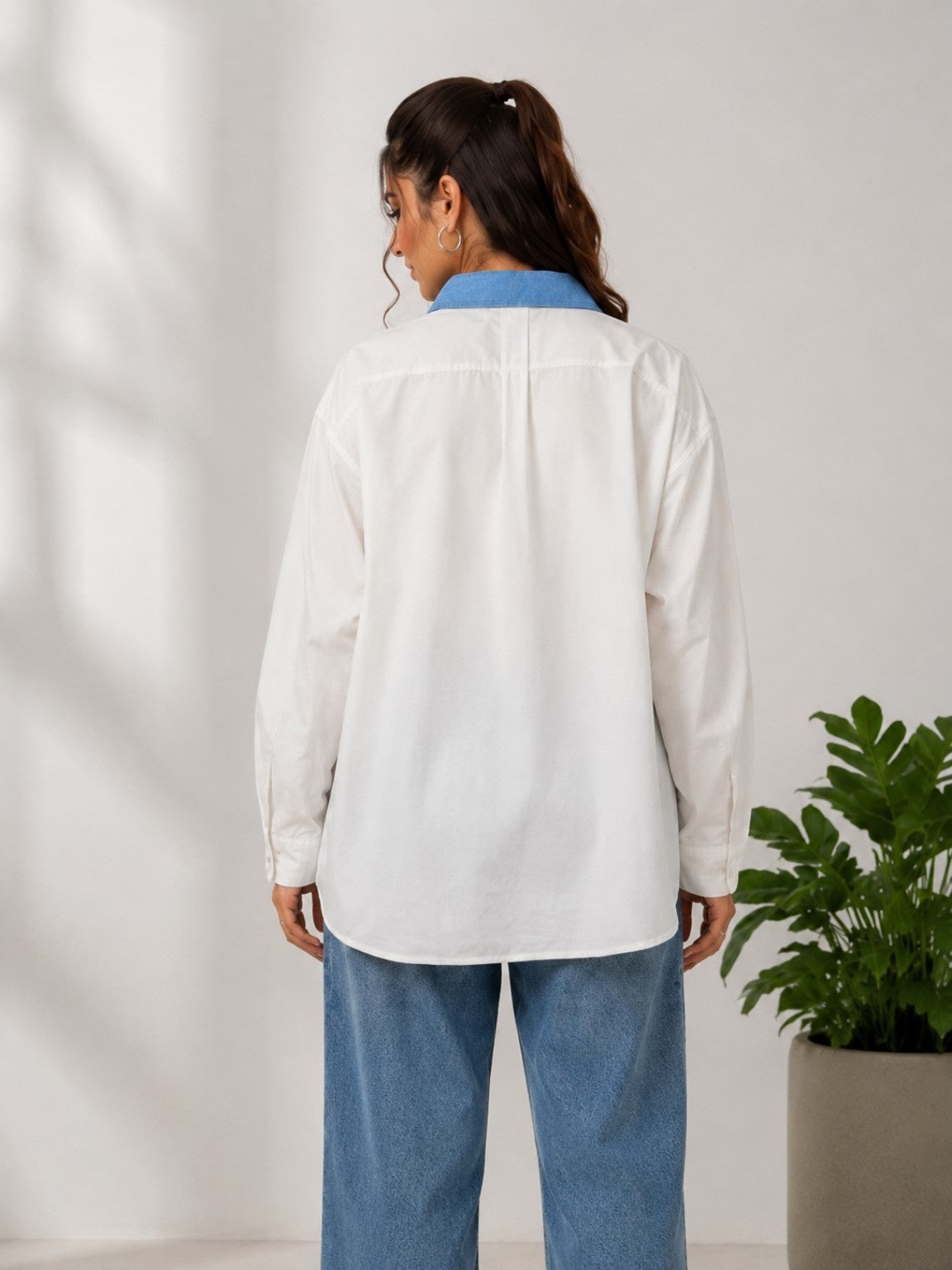Women’s Premium Color Denim Block Oversized Shirt with Heart & Star Patchwork – Free Size