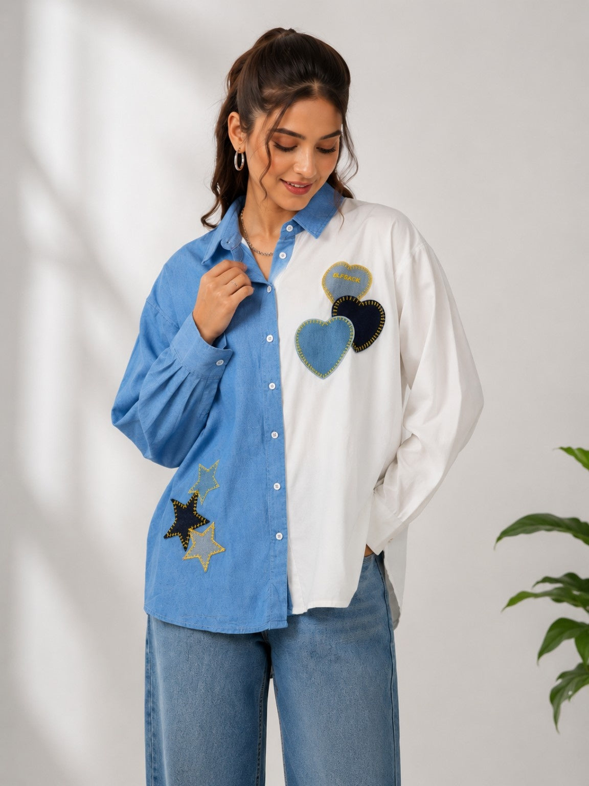 Women’s Premium Color Denim Block Oversized Shirt with Heart & Star Patchwork – Free Size
