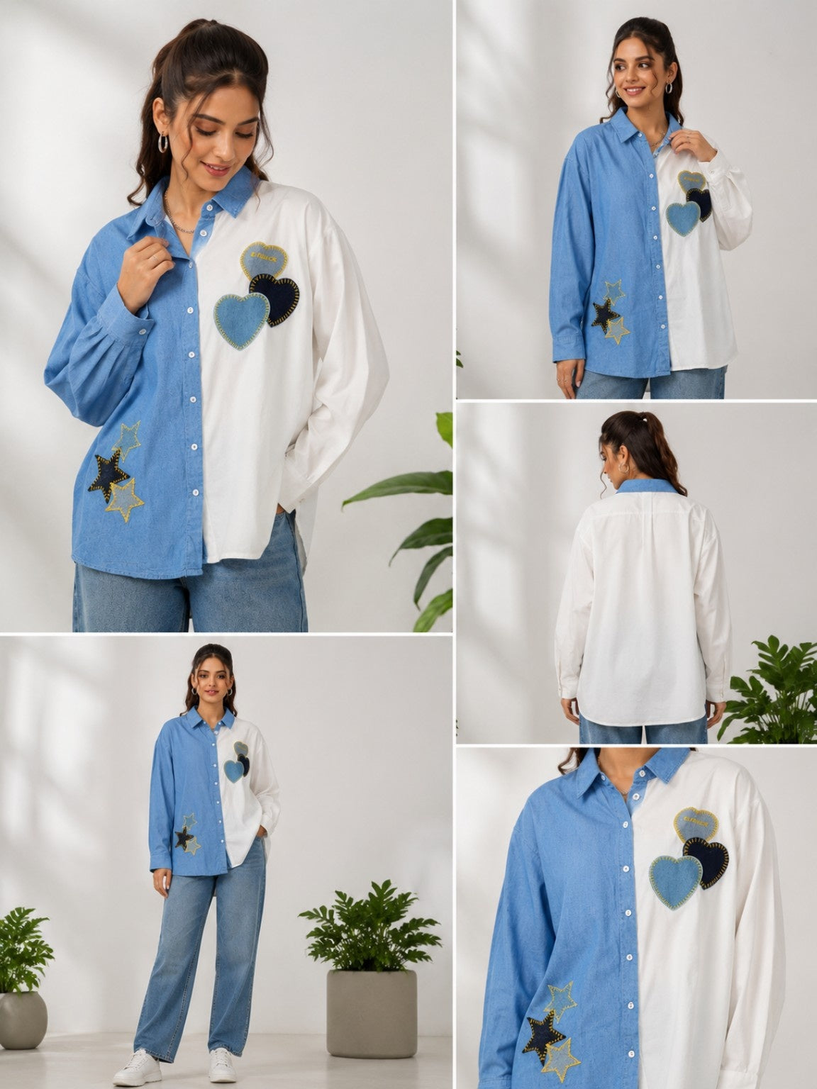 Women’s Premium Color Denim Block Oversized Shirt with Heart & Star Patchwork – Free Size