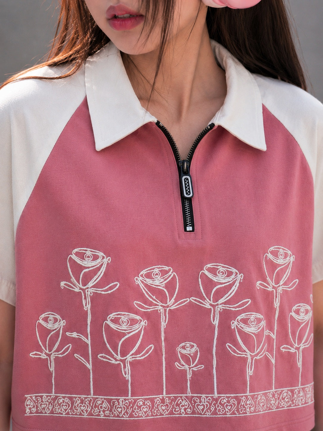 Floral Aesthetic Zip Collar T-shirt