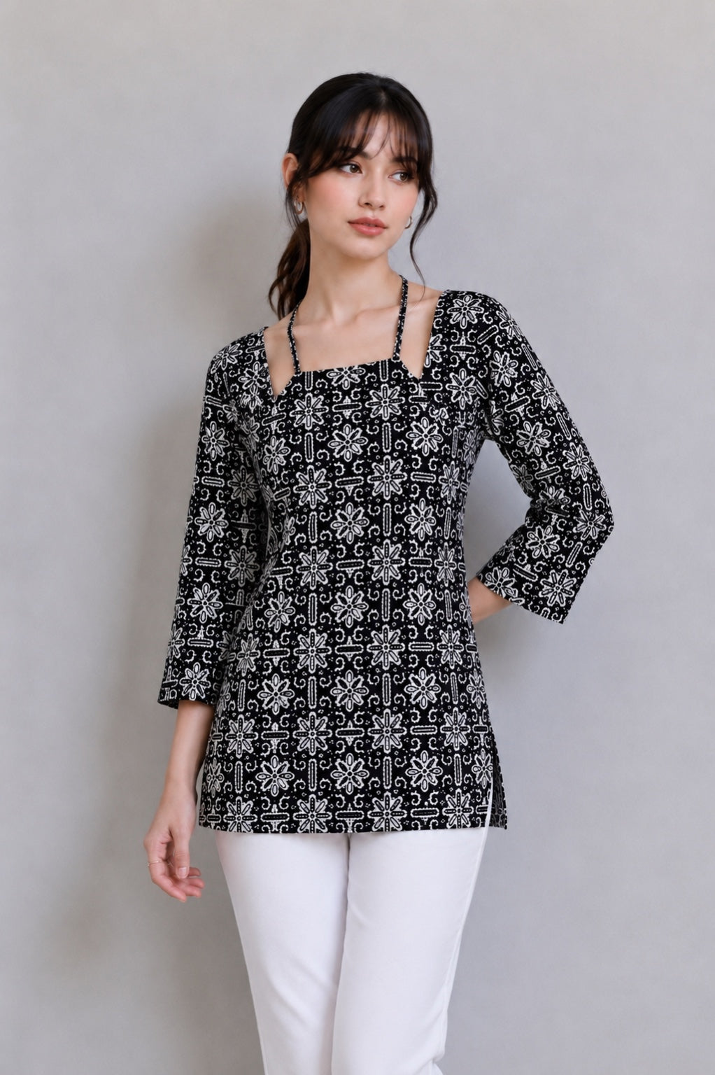Heritage Print Lace-Up Cotton Short Kurti