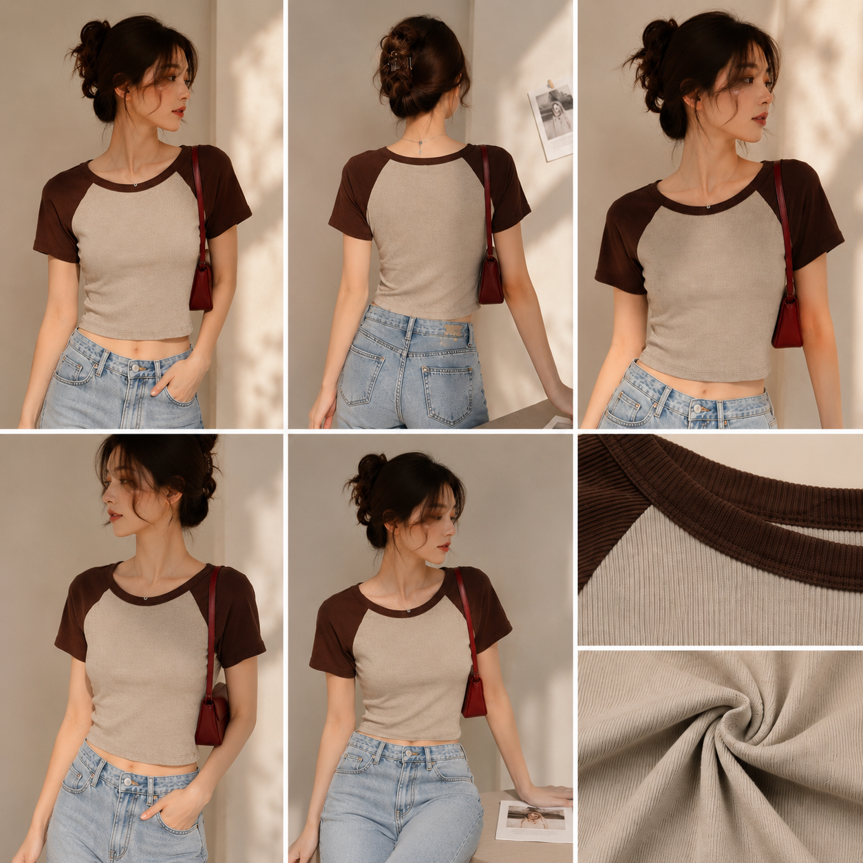 Women’s Ribbed Raglan Crop Top – Brown & Beige
