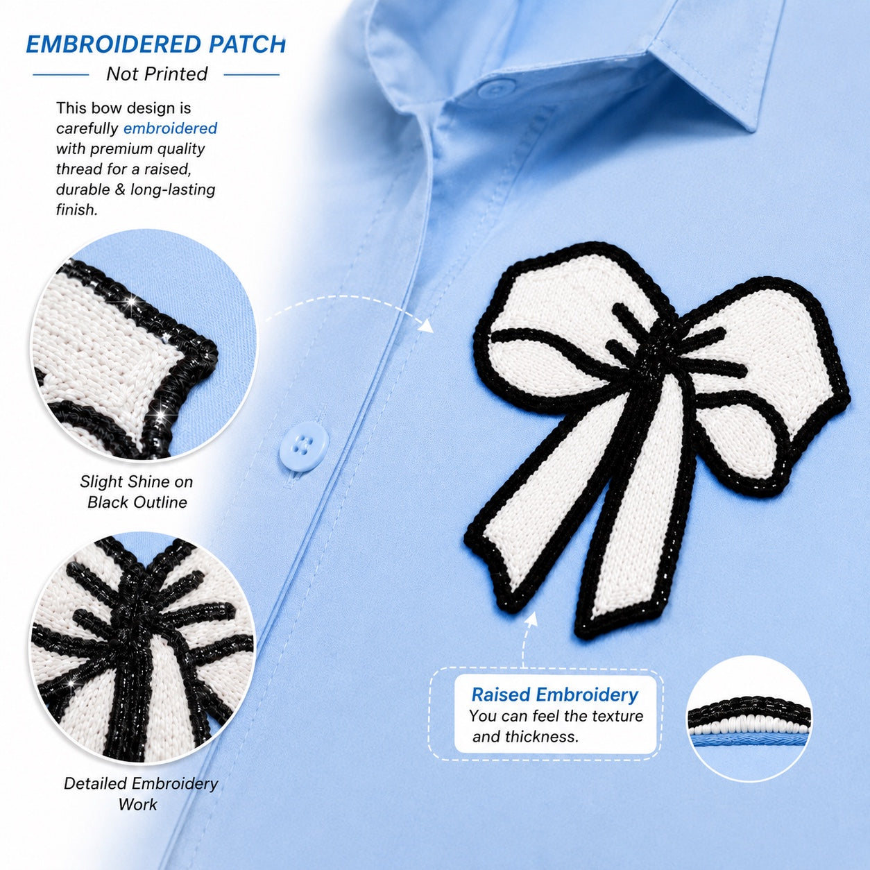Women’s Oversized Embroidered Bow Patch Cotton Shirt – Free Size