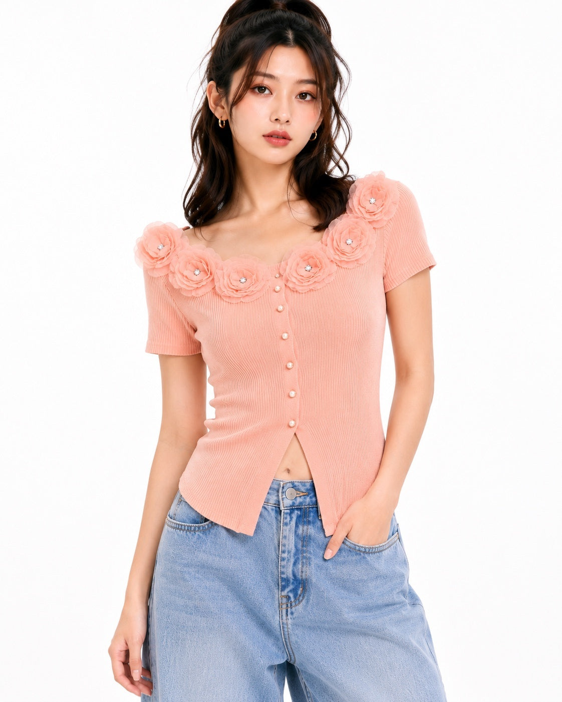 3D Floral Ribbed Knit Top