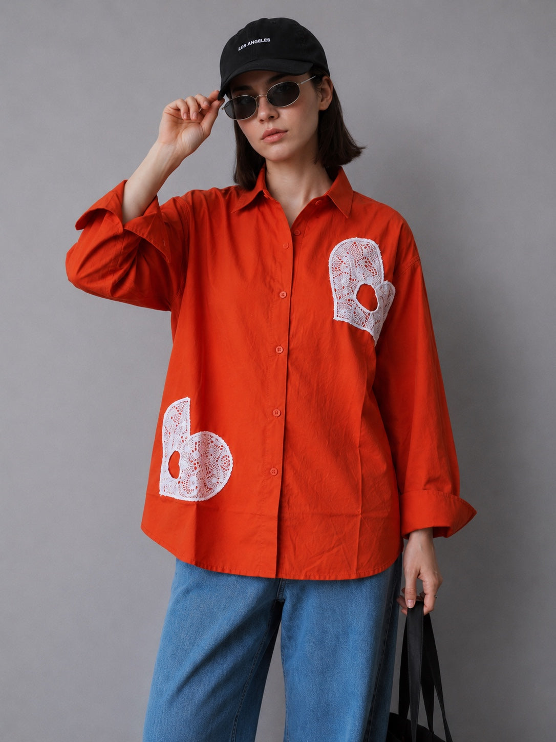 Cotton Heart Lace Appliqué Casual Shirt