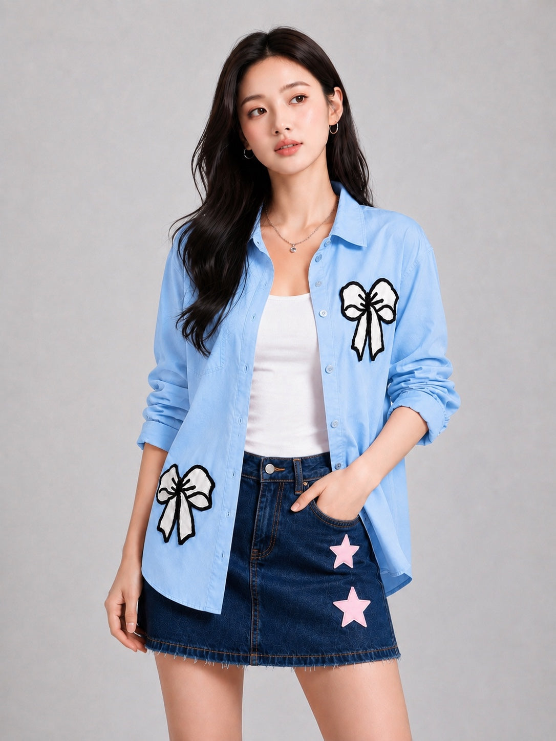 Women’s Oversized Embroidered Bow Patch Cotton Shirt – Free Size