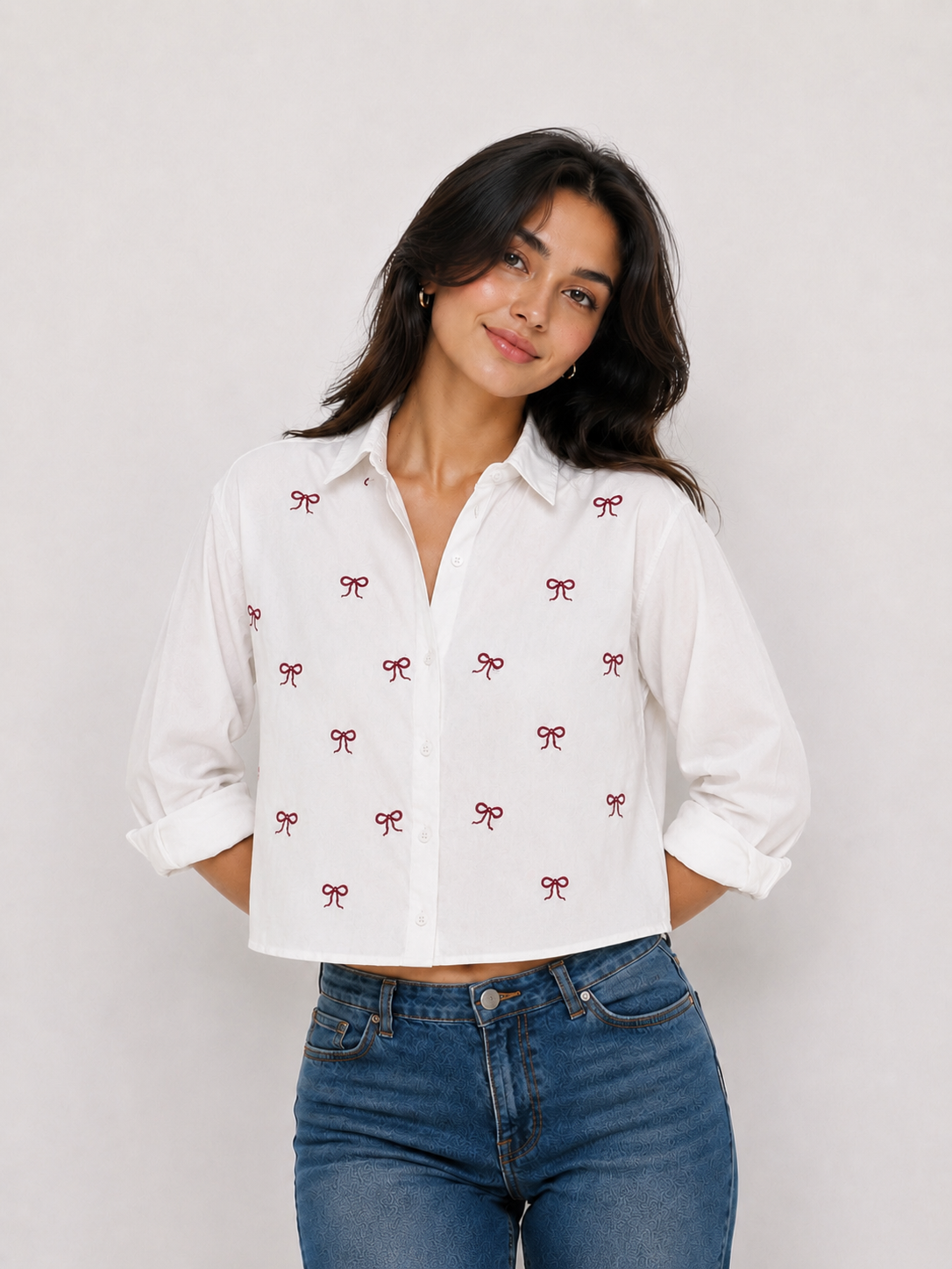 Women’s Bow Embroidered Crop Shirt