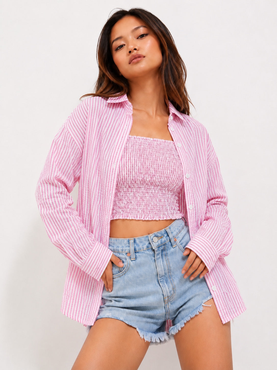 Women’s Seersucker Stripe Co-ord Shirt & Tube Top Set