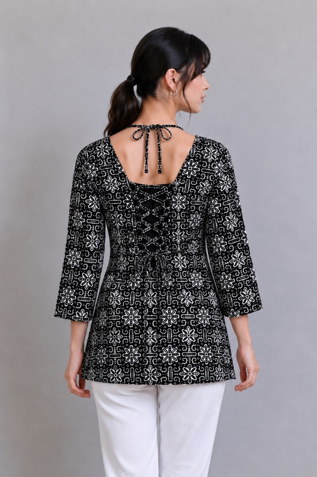 Heritage Print Lace-Up Cotton Short Kurti