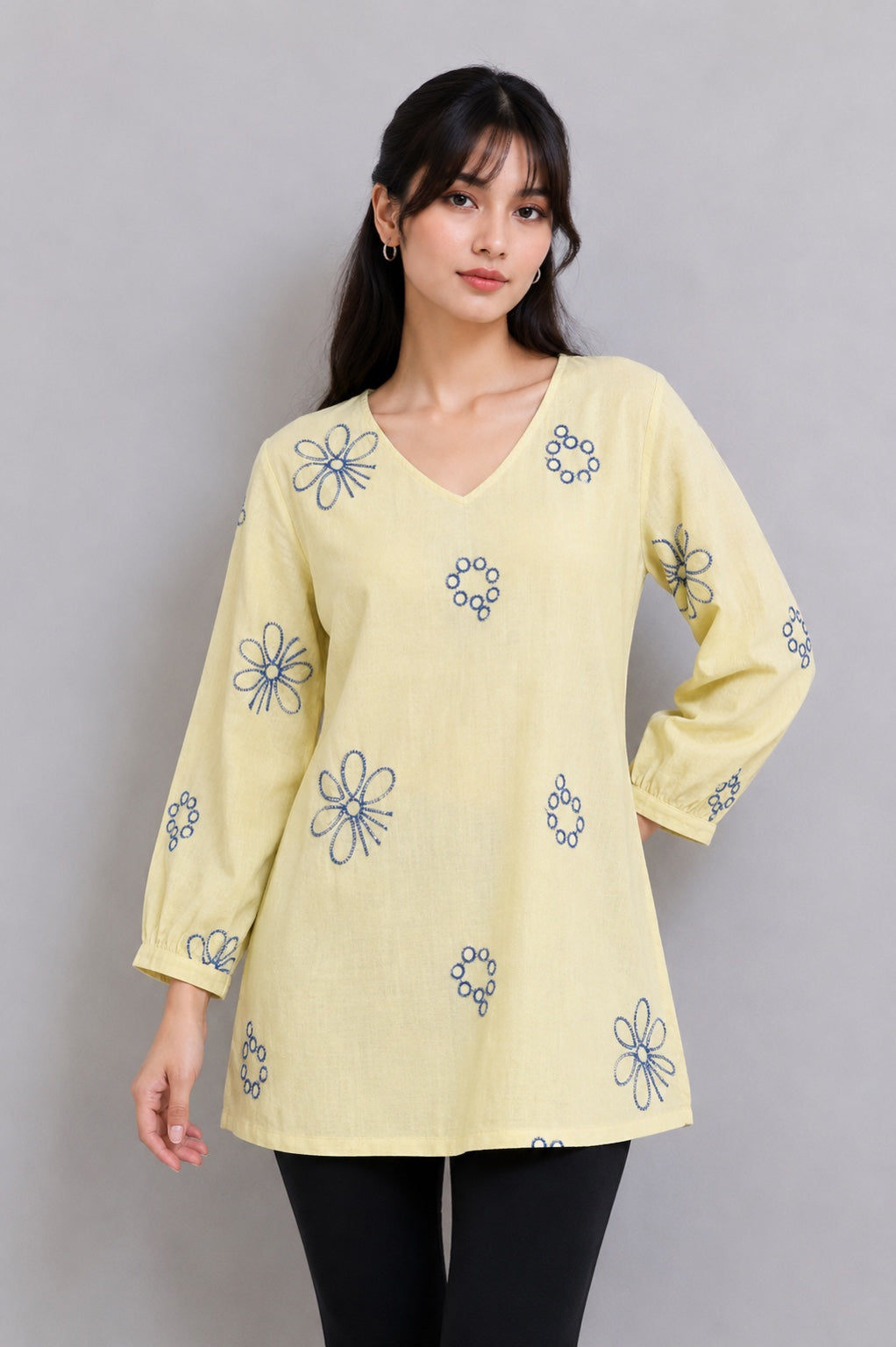 Floral Embroidered V-Neck Cotton Short Kurti