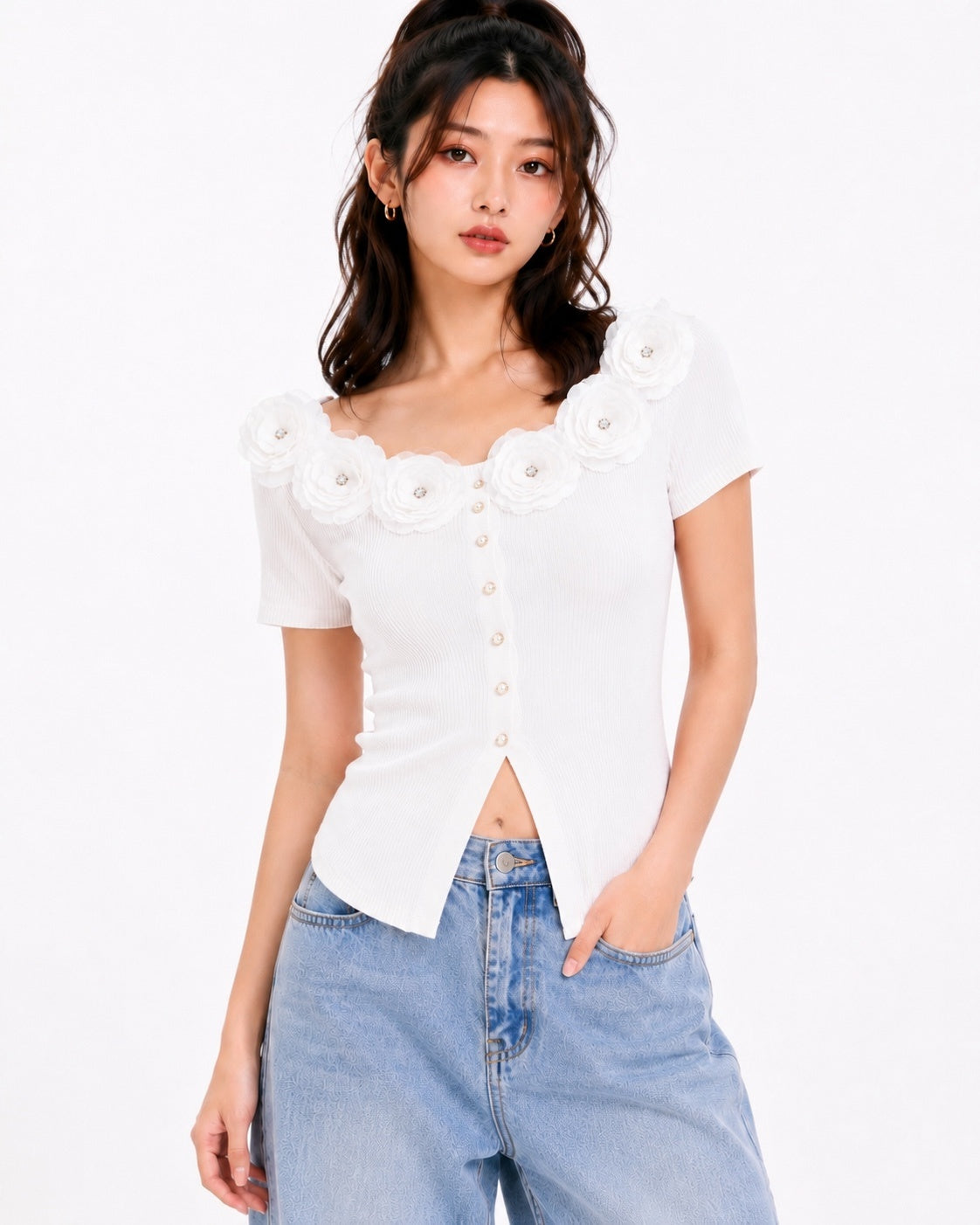 3D Floral Ribbed Knit Top
