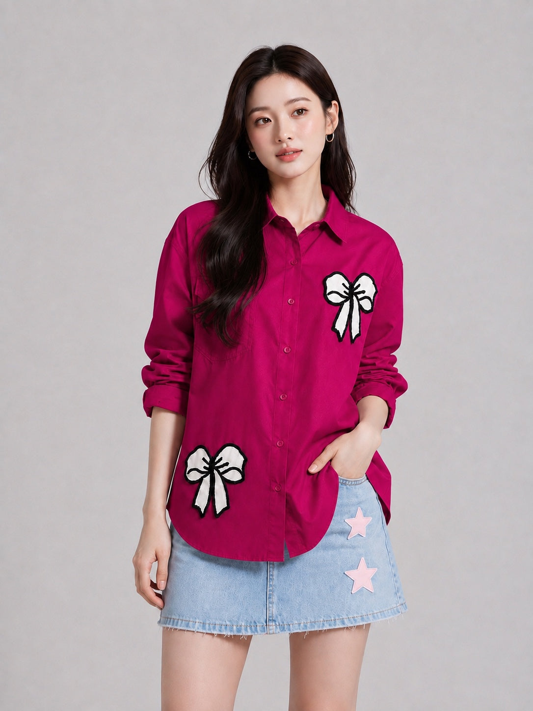 Women’s Oversized Embroidered Bow Patch Cotton Shirt – Free Size