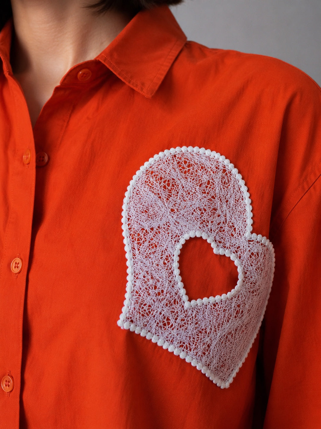 Cotton Heart Lace Appliqué Casual Shirt