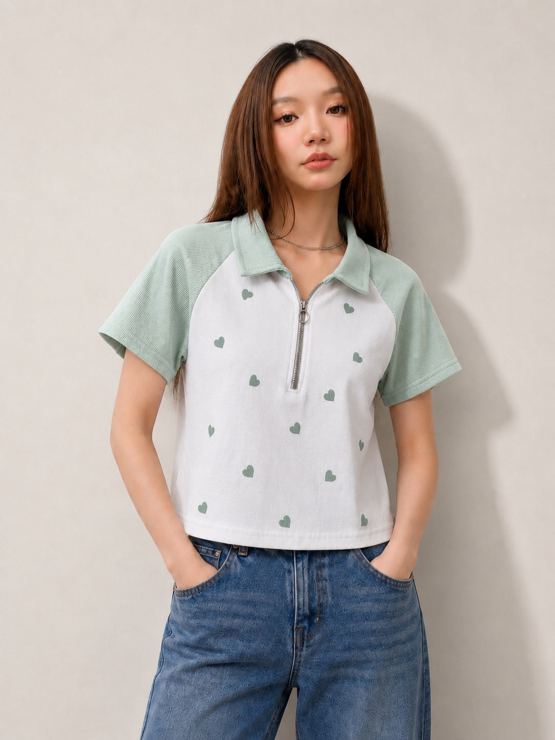 Heart Print Zip-Up Collar Crop Top